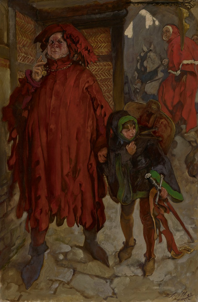 Sir John Falstaff ze swoim paziem, król Henryk IV, część II, akt I, scena II autorstwa Edwin Austin Abbey