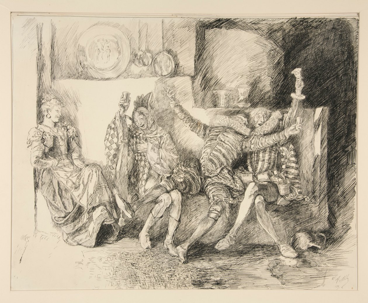 Sir Toby i jego Towarzysze, ilustracja do Aktu II, Scena III, Noc Trzech Króli autorstwa Edwin Austin Abbey