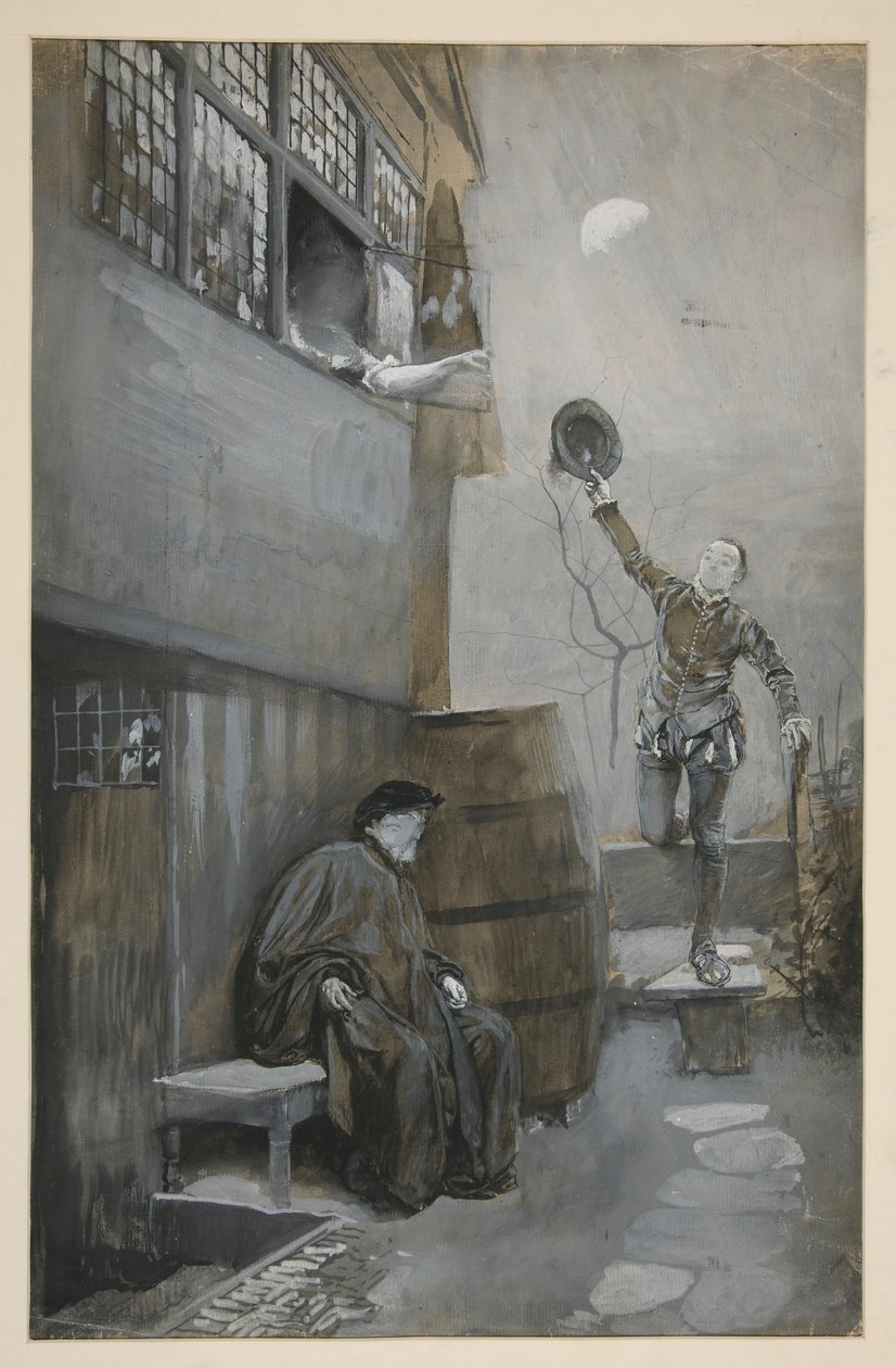 Szkic do Nighttime Rendezvous - 3 postacie: dwóch mężczyzn, jedna kobieta autorstwa Edwin Austin Abbey