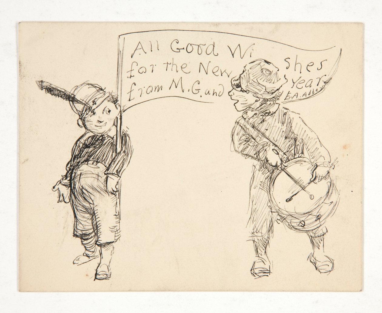 Szkic do kartki z życzeniami: Wszystkie dobre życzenia na Nowy Rok od M.G. i E.A. Opactwo autorstwa Edwin Austin Abbey