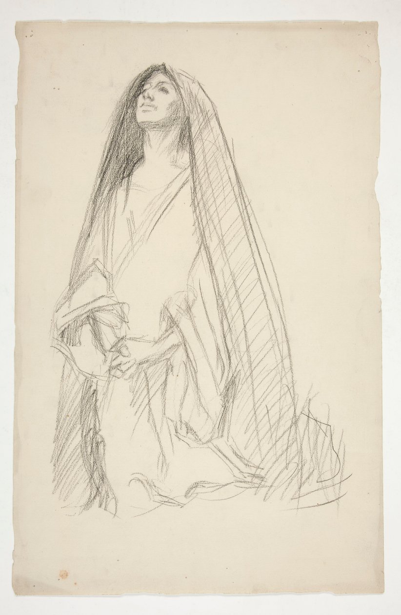 Szkic zakapturzonej postaci kobiecej modlącej się do Trzech Marii pod Krzyżem autorstwa Edwin Austin Abbey