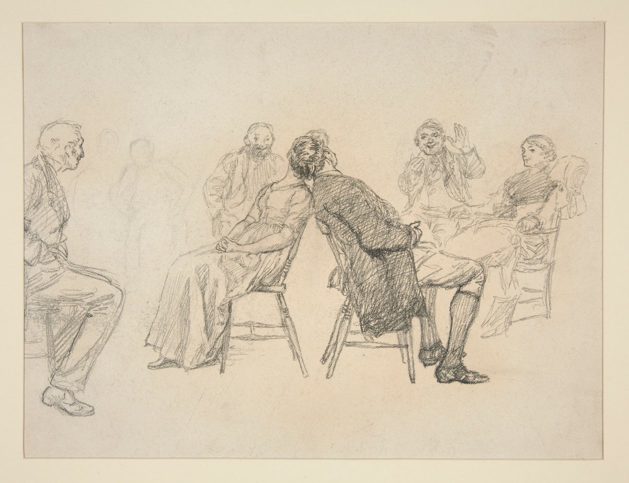 Szkic pary grającej w grę, otoczonej przez gapiów, we wnętrzu (?) - niezidentyfikowana ilustracja autorstwa Edwin Austin Abbey