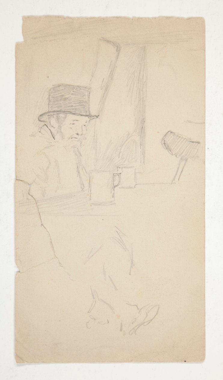 Szkic kalekiego mężczyzny siedzącego przy stole w barze autorstwa Edwin Austin Abbey