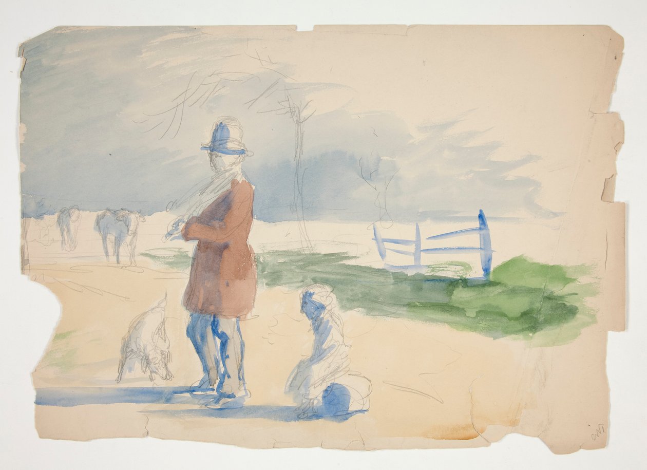 Szkic mężczyzny, dziecka i psa - niezidentyfikowana ilustracja autorstwa Edwin Austin Abbey