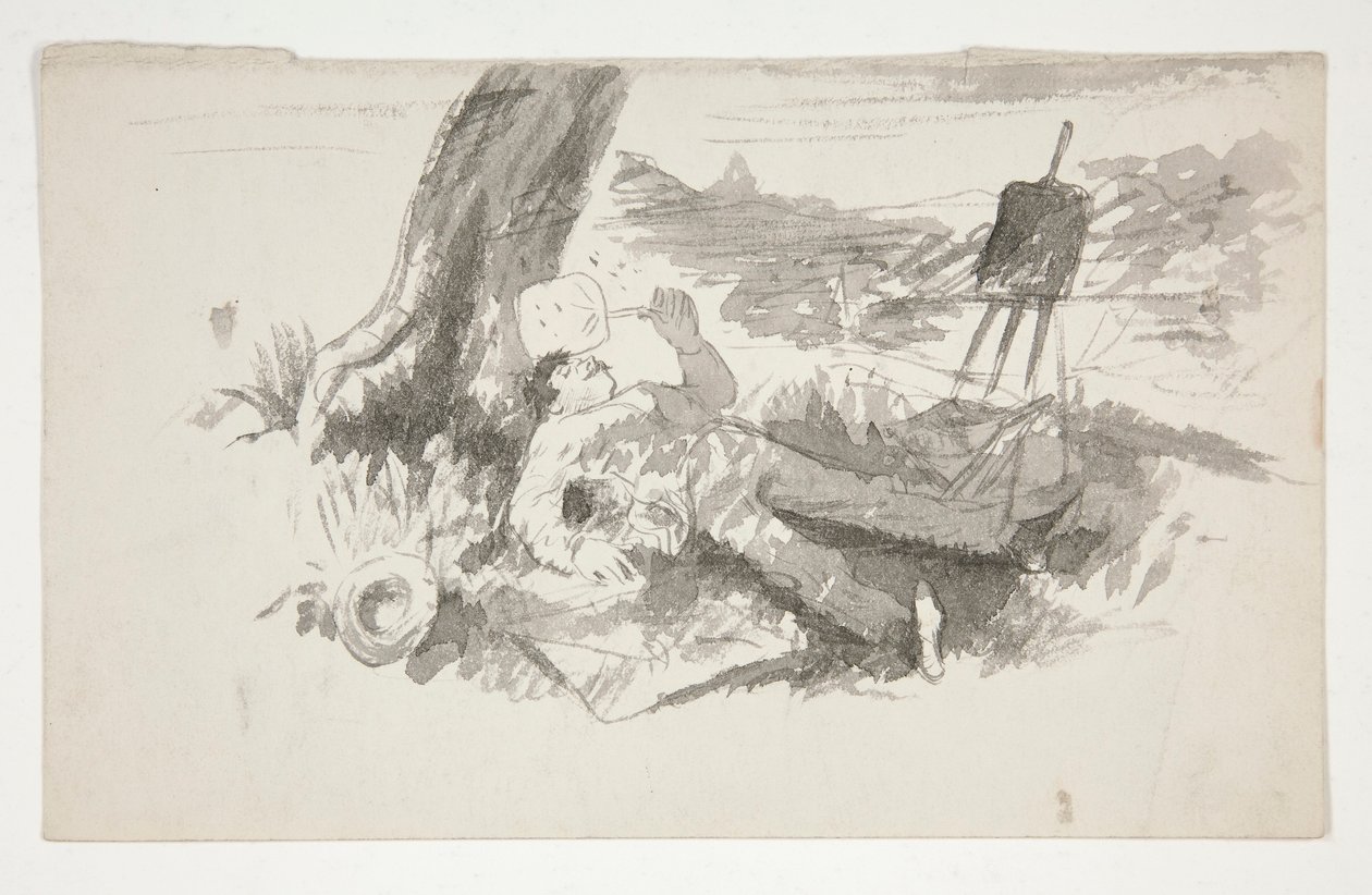 Szkic malarza plenerowego drzemiącego pod drzewem - niezidentyfikowana ilustracja autorstwa Edwin Austin Abbey