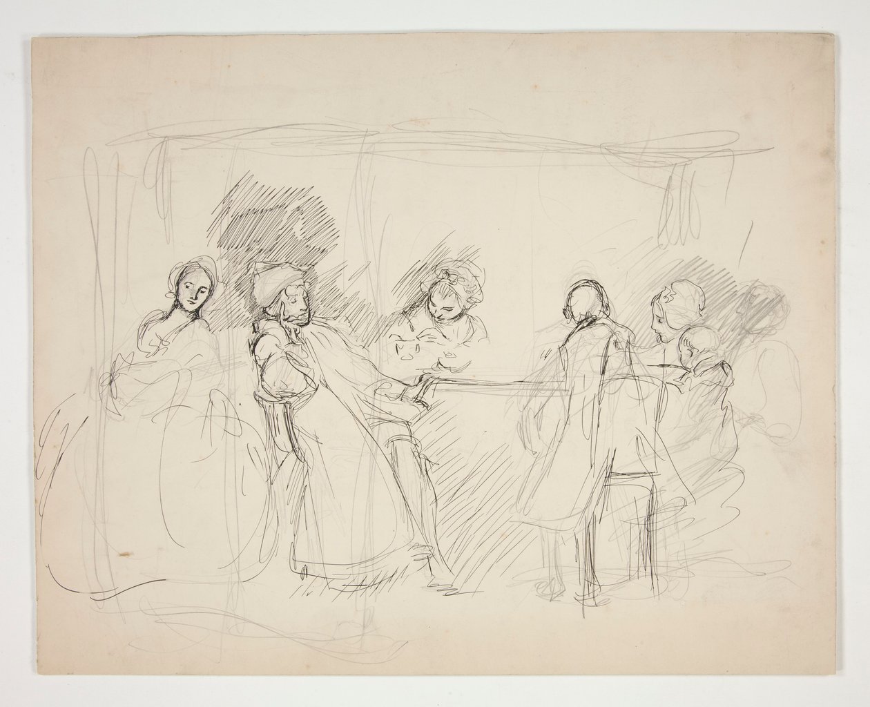 Szkic postaci wokół stołu - niezidentyfikowana ilustracja do przedstawienia (?) autorstwa Edwin Austin Abbey