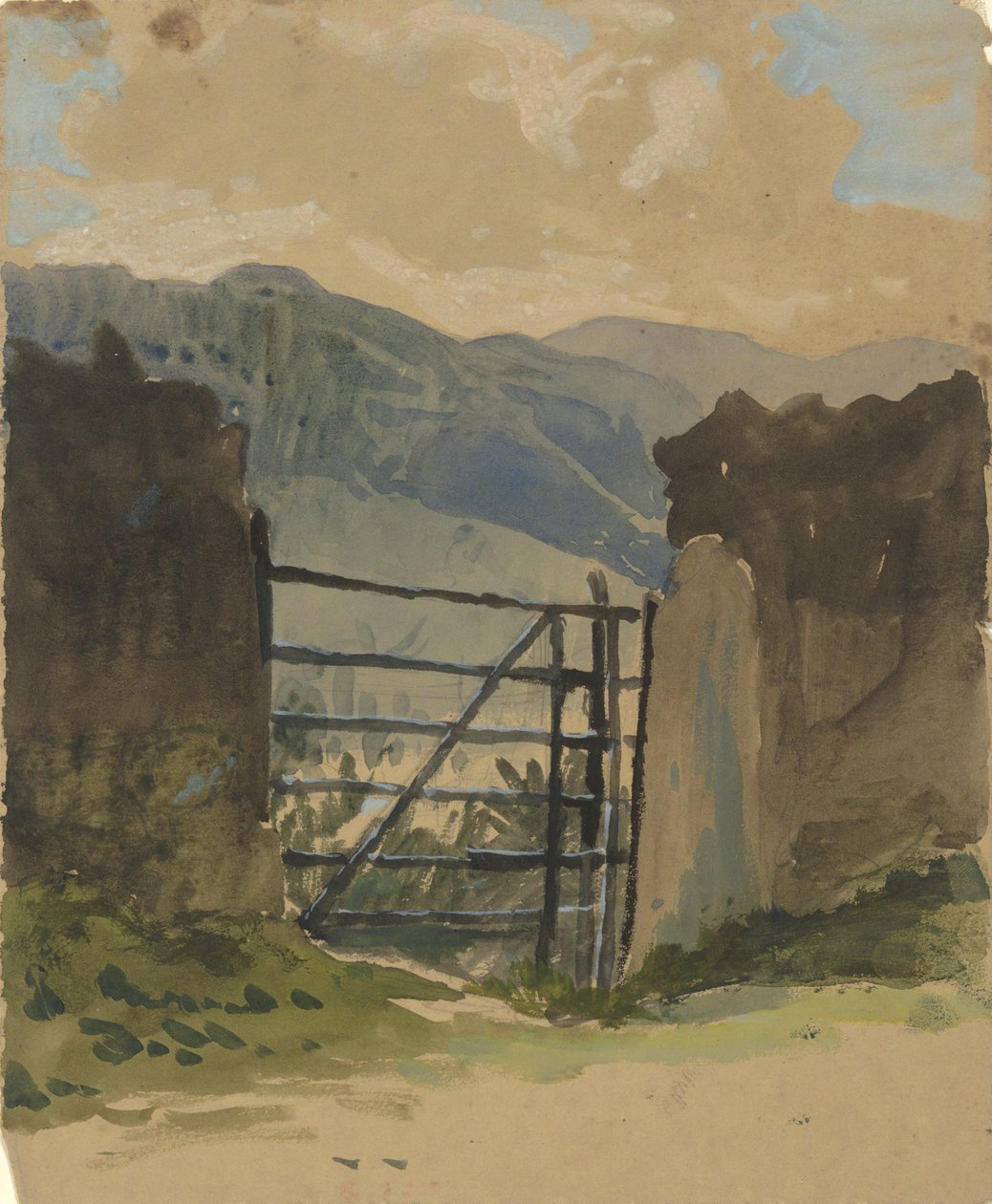 Kamienny mur i brama, szkic autorstwa Edwin Austin Abbey