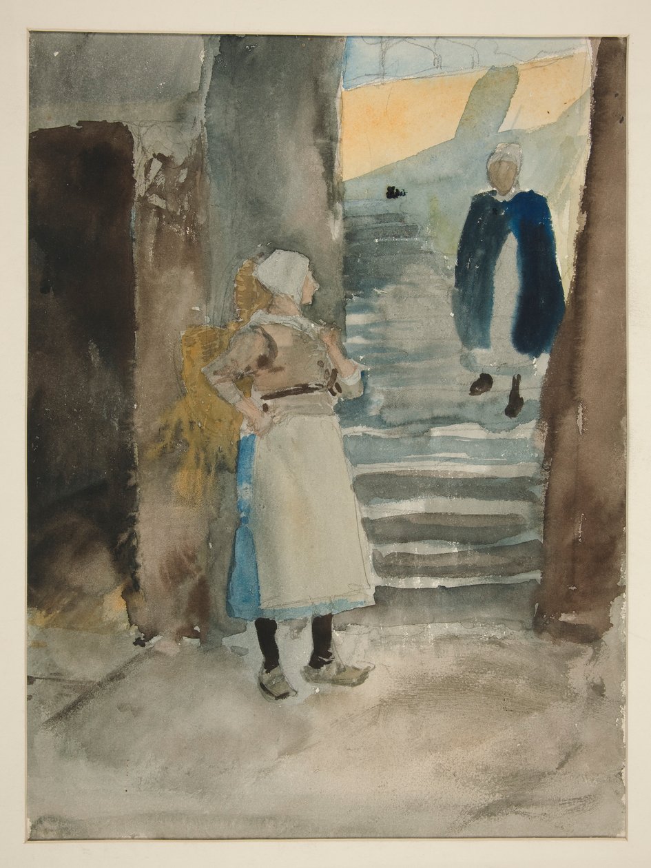 Scena uliczna z dwiema rybakami - niezidentyfikowana ilustracja autorstwa Edwin Austin Abbey