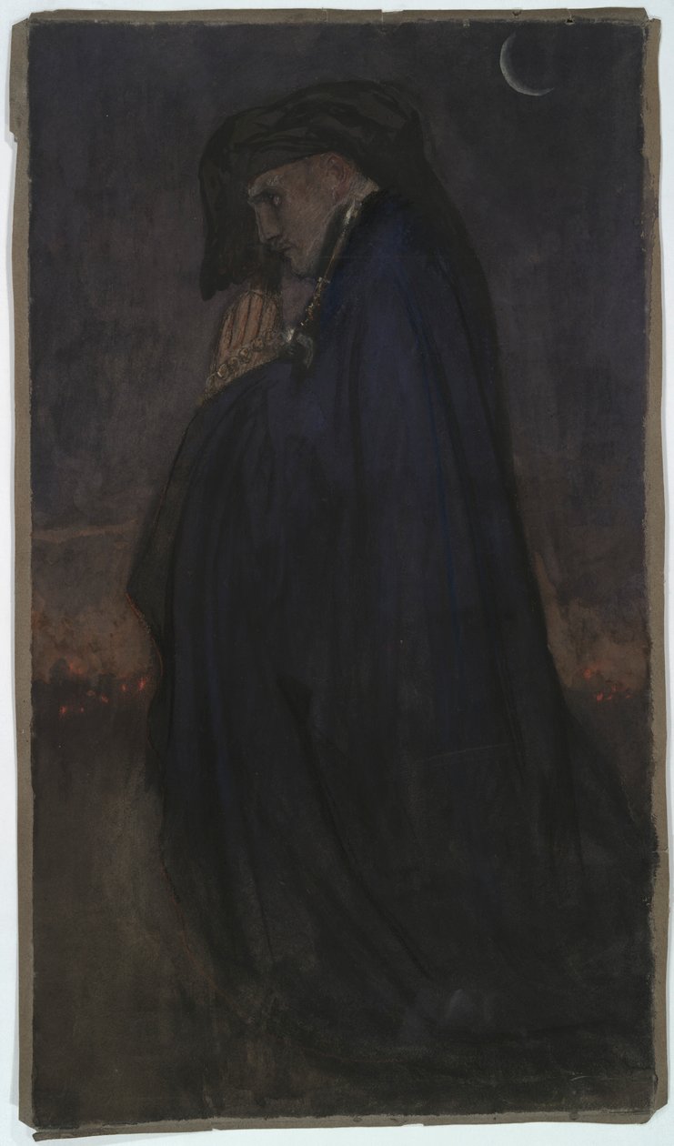 Nauka. Mężczyzna w niebieskim płaszczu, światło księżyca autorstwa Edwin Austin Abbey