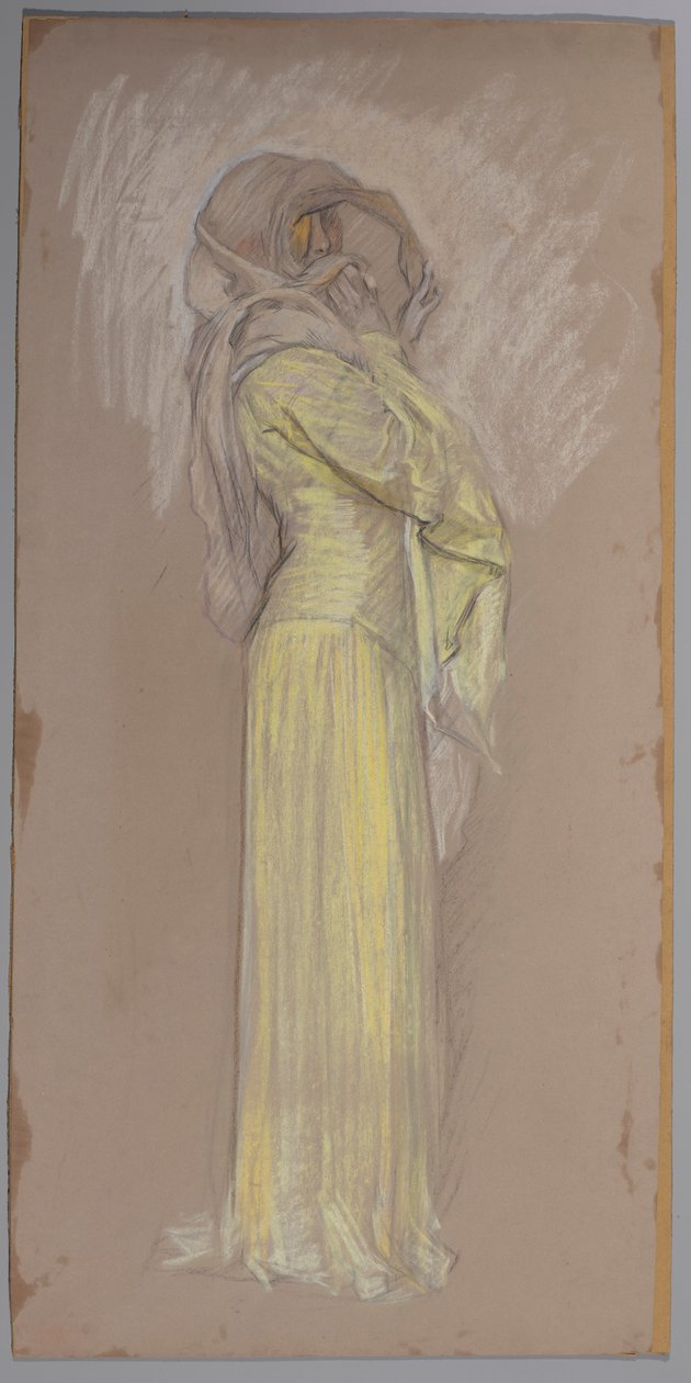 Badanie, Kobieta w żółtej sukience z brązowym welonem na twarzy autorstwa Edwin Austin Abbey
