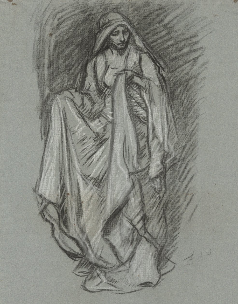 Studium dla udrapowanej kobiety, studium postaci dla The Quest of the Holy Graal (seria 15 obrazów dla Biblioteki Publicznej w Bostonie, ukończona w 1901) autorstwa Edwin Austin Abbey