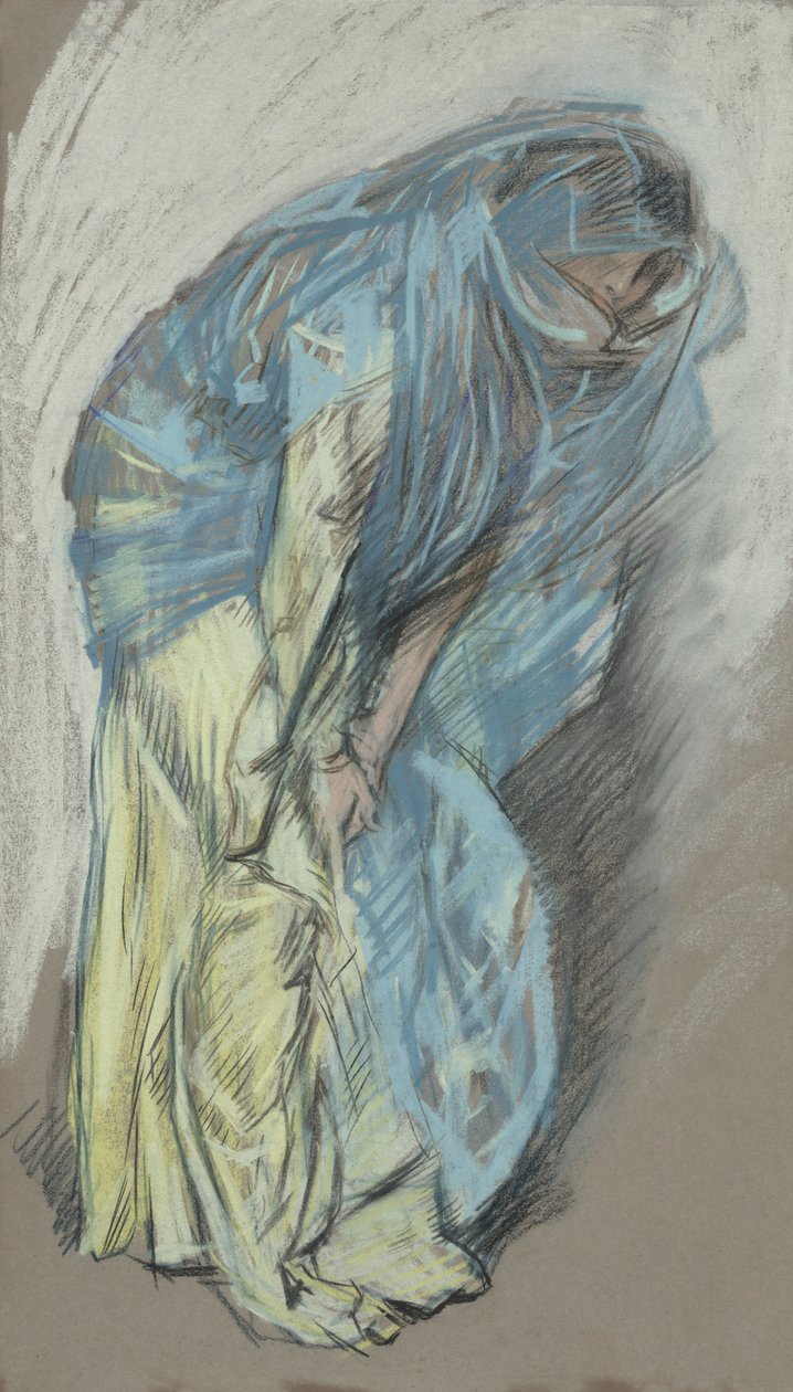 Studium dla kobiety w żółtej sukience z niebieskim welonem autorstwa Edwin Austin Abbey