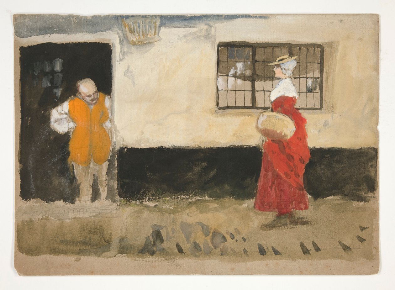 Studium sceny ulicznej, mężczyzna przy drzwiach, kobieta w czerwonej sukience. autorstwa Edwin Austin Abbey