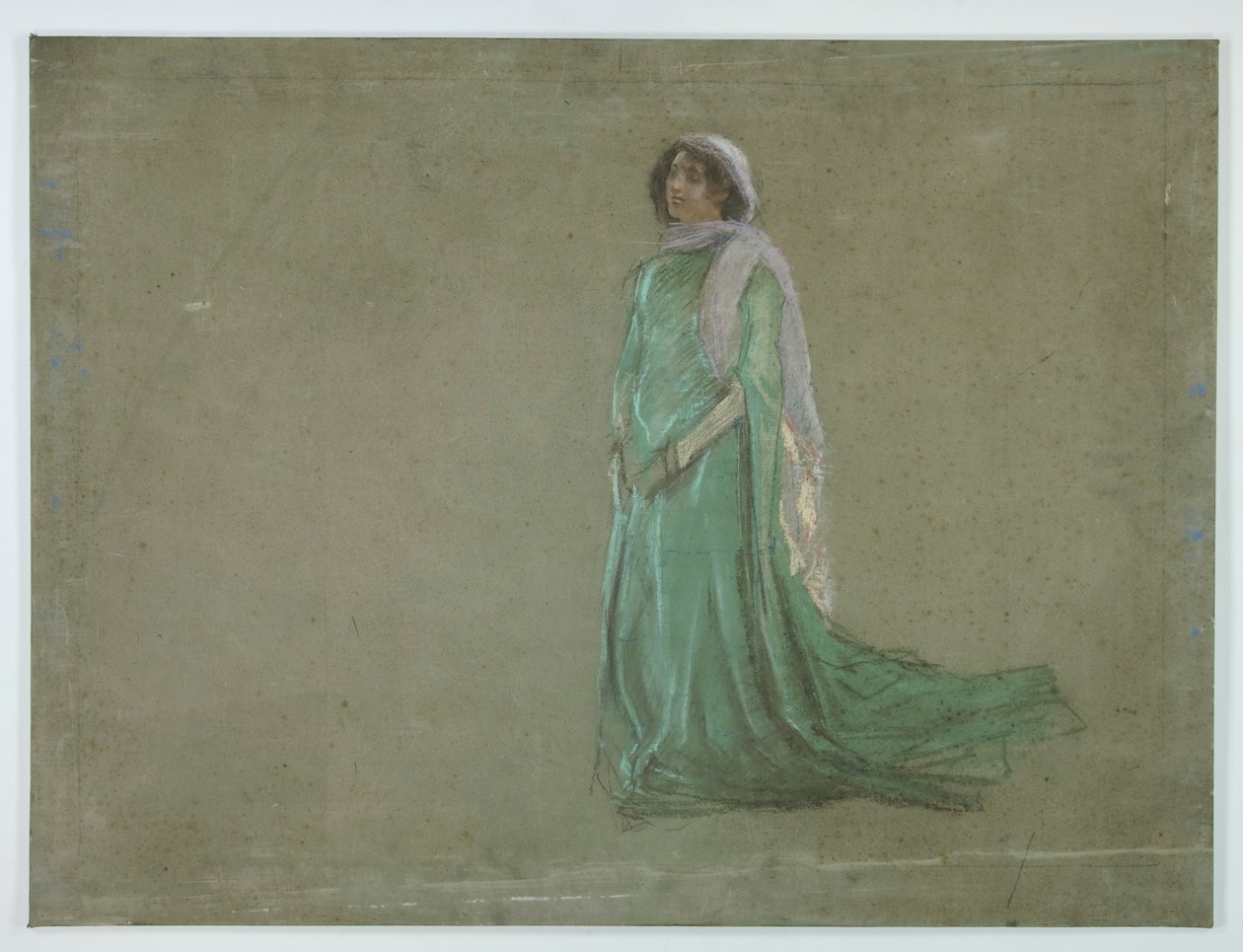 Studium, kobieta w długiej zielonej sukni, różowy szalik autorstwa Edwin Austin Abbey