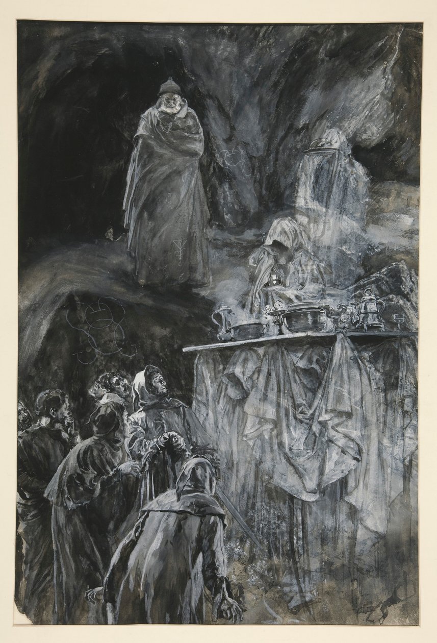 Bankiet, ilustracja do aktu III, scena III, Burza autorstwa Edwin Austin Abbey