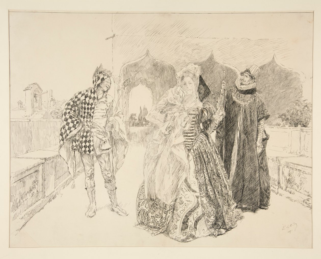 Klaun i Malvolio, ilustracja do aktu I, scena v, Wieczór Trzech Króli autorstwa Edwin Austin Abbey