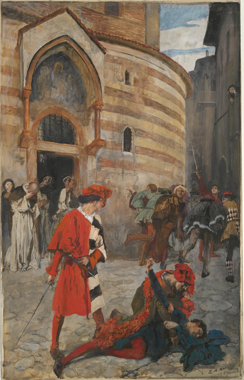Śmierć Merkucja - Akt III, Scena I, Romeo i Julia autorstwa Edwin Austin Abbey