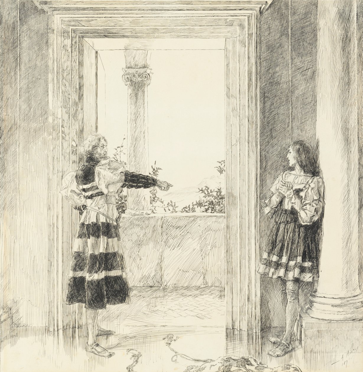 Książę wypędza Valentine, z aktu III, scena i, Dwóch dżentelmenów z Werony autorstwa Edwin Austin Abbey