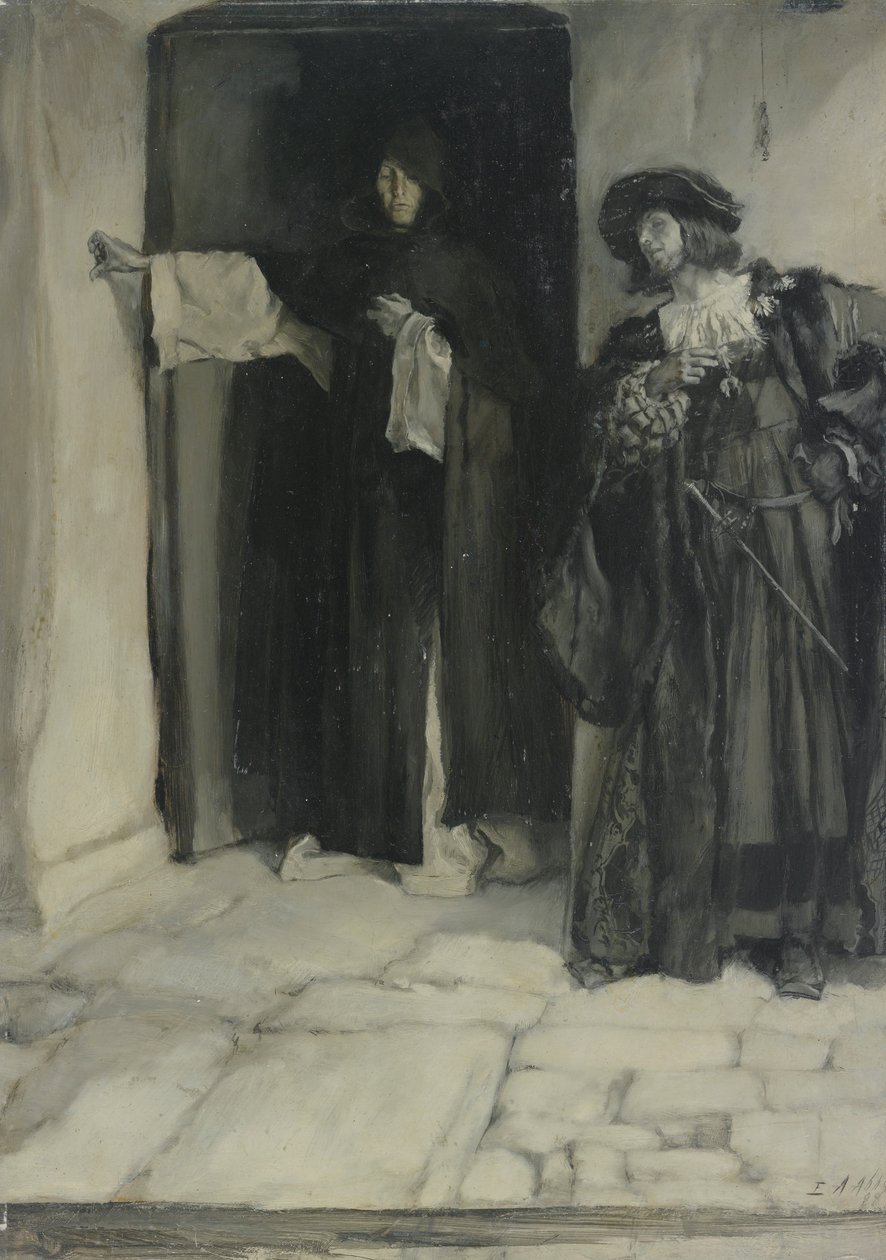 Książę i brat Tomasz, z Miarka za miarkę, akt I, scena III autorstwa Edwin Austin Abbey