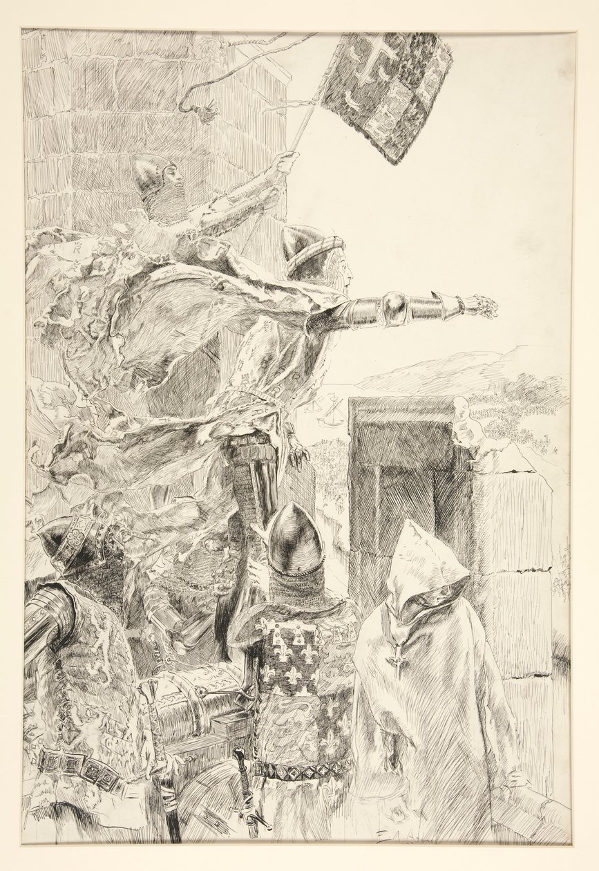 Król na murze zamku Flint; autorstwa Edwin Austin Abbey