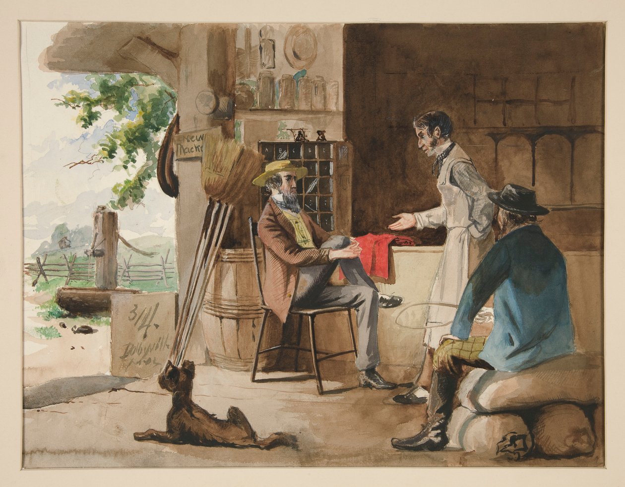 Trzech mężczyzn w sklepie z artykułami suchymi - sklep wiejski, Dolbyville autorstwa Edwin Austin Abbey