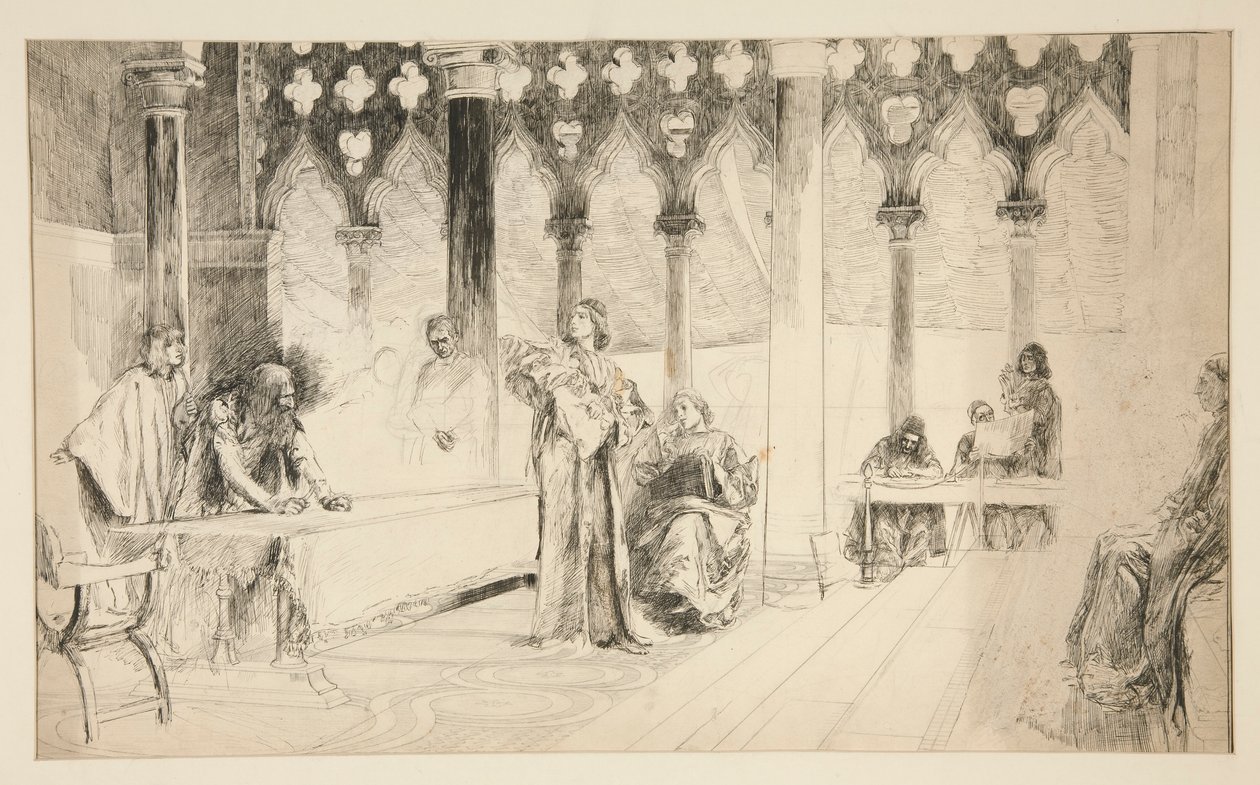 Scena próbna, od Kupca weneckiego autorstwa Edwin Austin Abbey