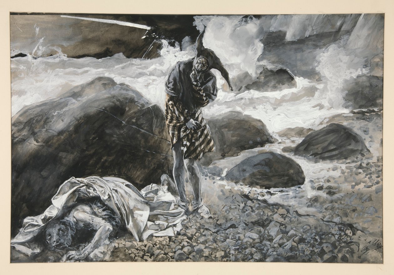 Trinculo i Kaliban, ilustracja do aktu II, scena II, Burza autorstwa Edwin Austin Abbey