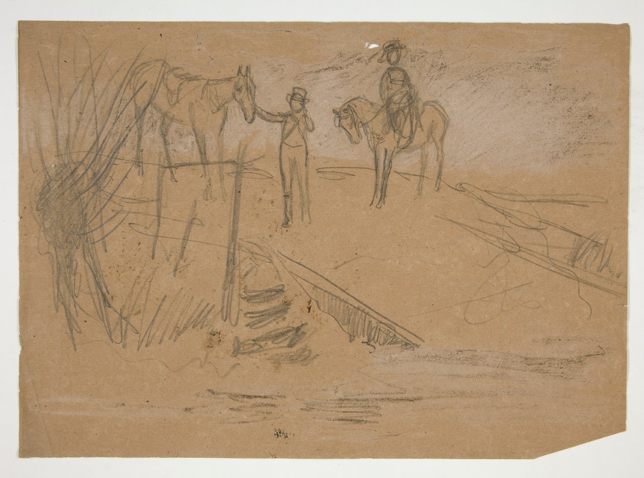 Dwóch mężczyzn i dwa konie w krajobrazie - niezidentyfikowana ilustracja autorstwa Edwin Austin Abbey
