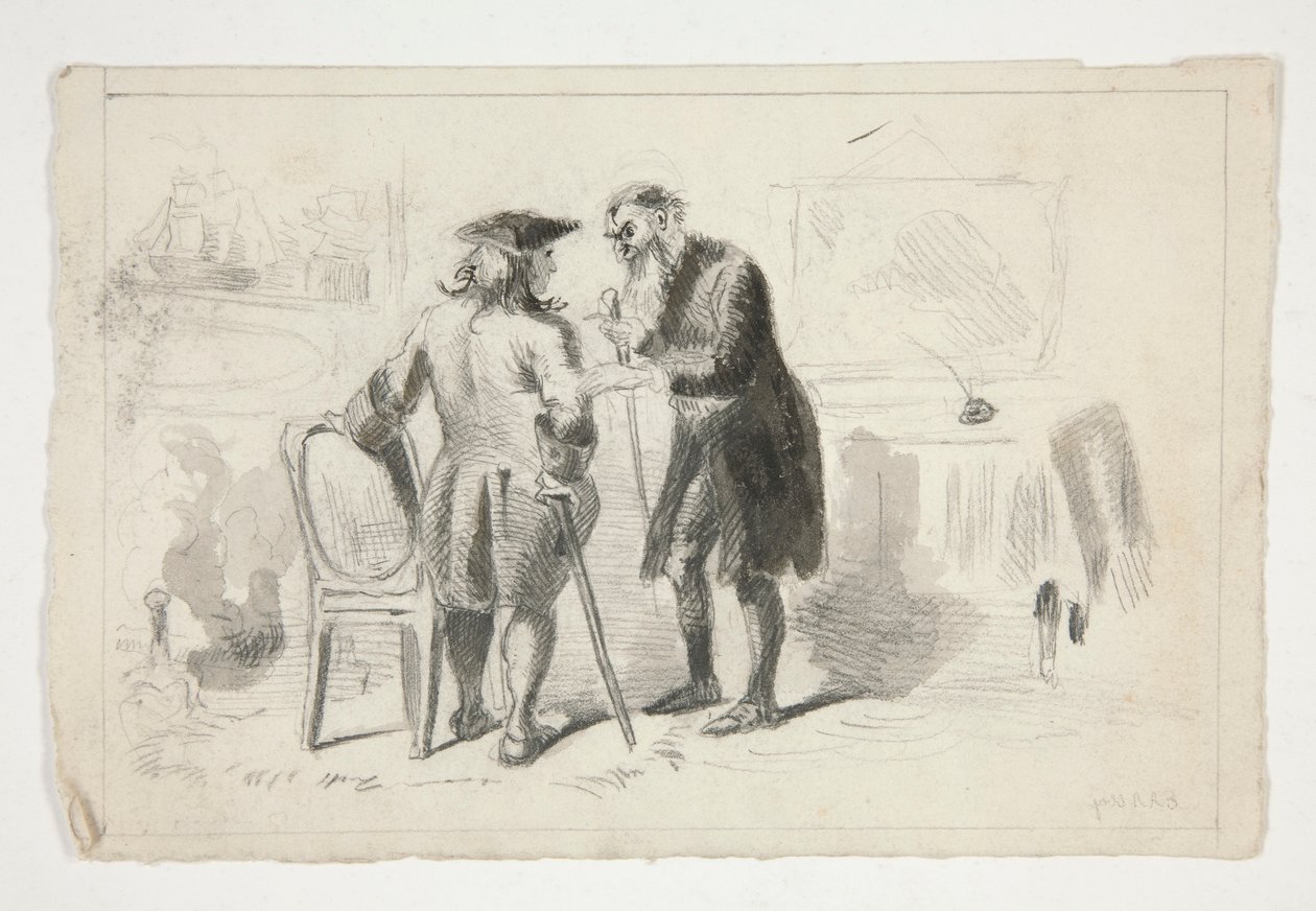 Dwóch mężczyzn rozmawiających we wnętrzu - niezidentyfikowana ilustracja autorstwa Edwin Austin Abbey