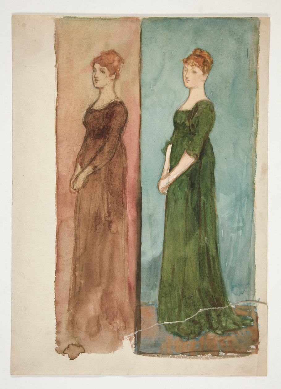 Dwa szkice kobiety (ubranej na czerwono, na zielono) - studia kostiumowe do spektaklu? autorstwa Edwin Austin Abbey