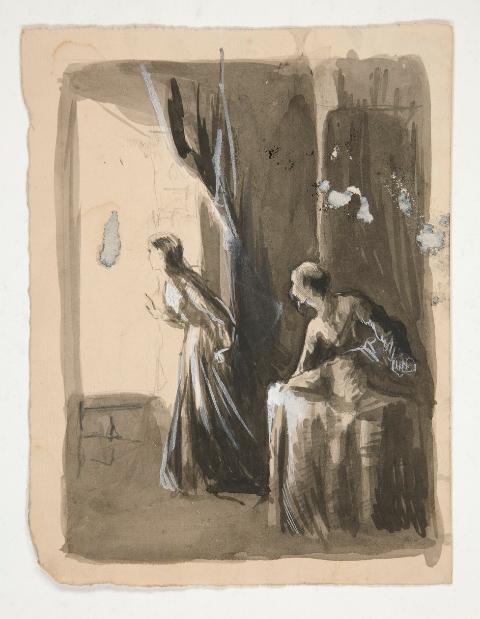 Dwie kobiety we wnętrzu - niezidentyfikowana ilustracja autorstwa Edwin Austin Abbey