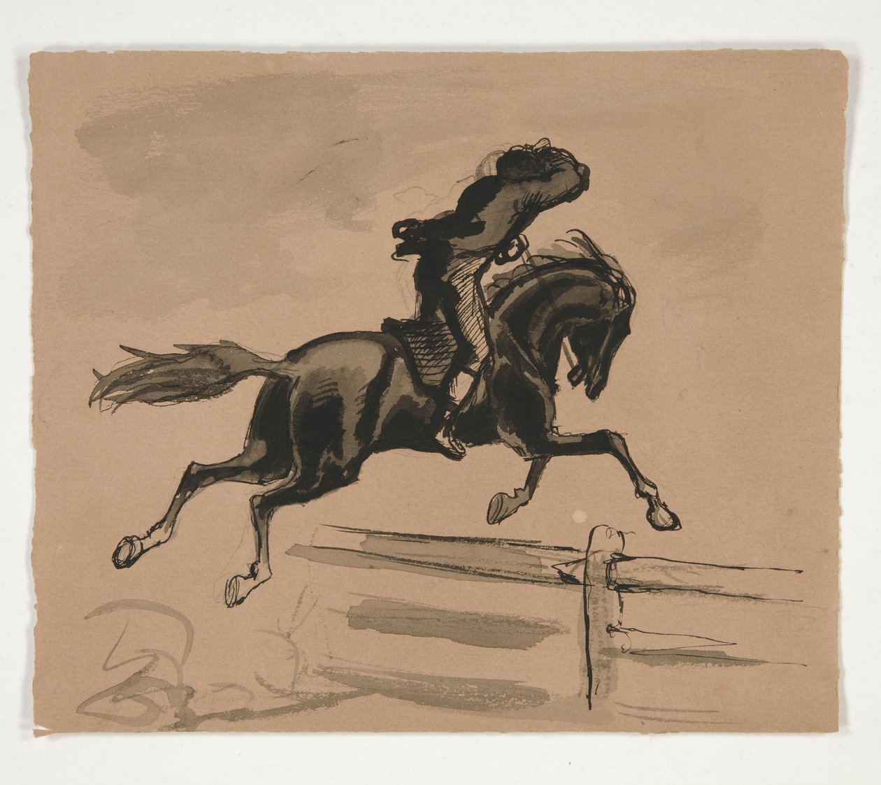 Niezidentyfikowana ilustracja jeźdźca skaczącego przez płot (recto); Studium postaci starego człowieka (verso) autorstwa Edwin Austin Abbey