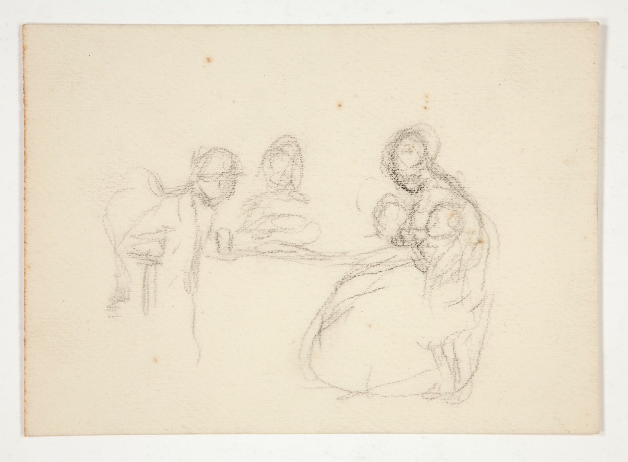 Niezidentyfikowana ilustracja - studium postaci przy stole. Siedzący mężczyzna na odwrocie. autorstwa Edwin Austin Abbey