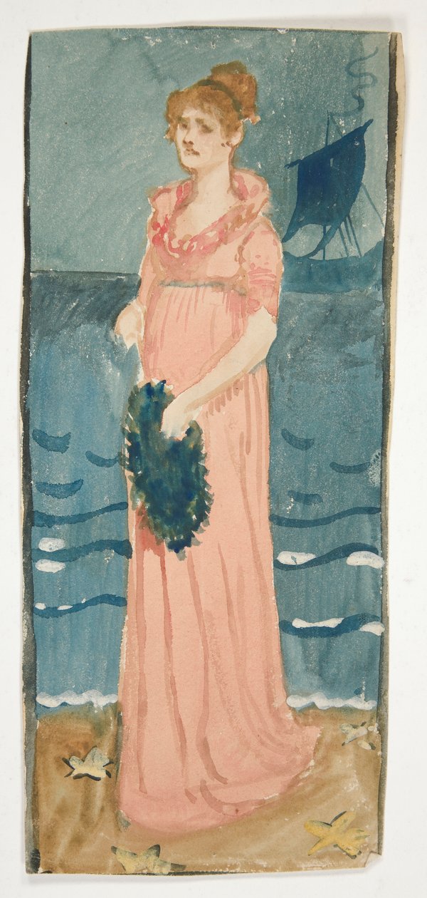 Niezidentyfikowana ilustracja kobiety na plaży, statek w oddali autorstwa Edwin Austin Abbey