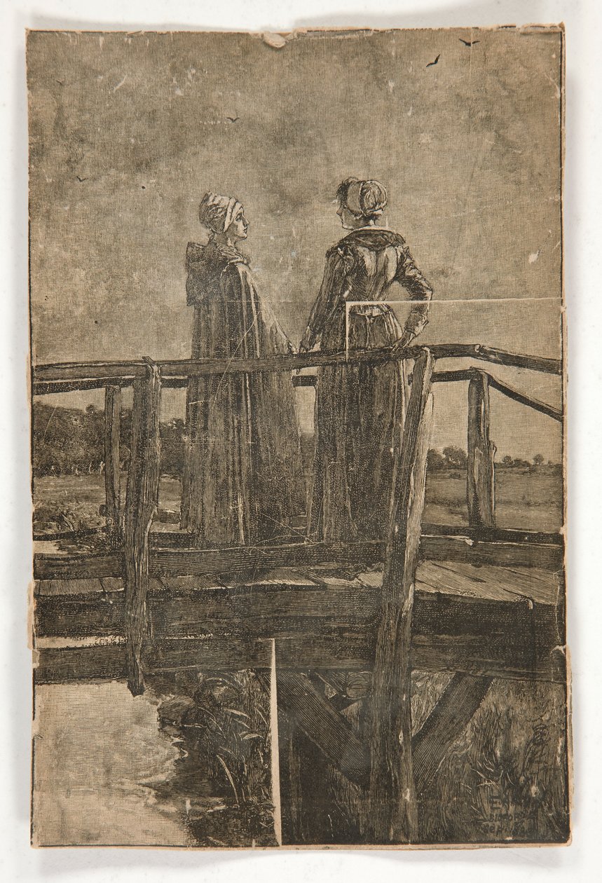 Niezatytułowany drzeworyt wykonany przez E.A. Opactwo (?) dwóch pań na drewnianej kładce - ilustracja dla Williama Blacka autorstwa Edwin Austin Abbey