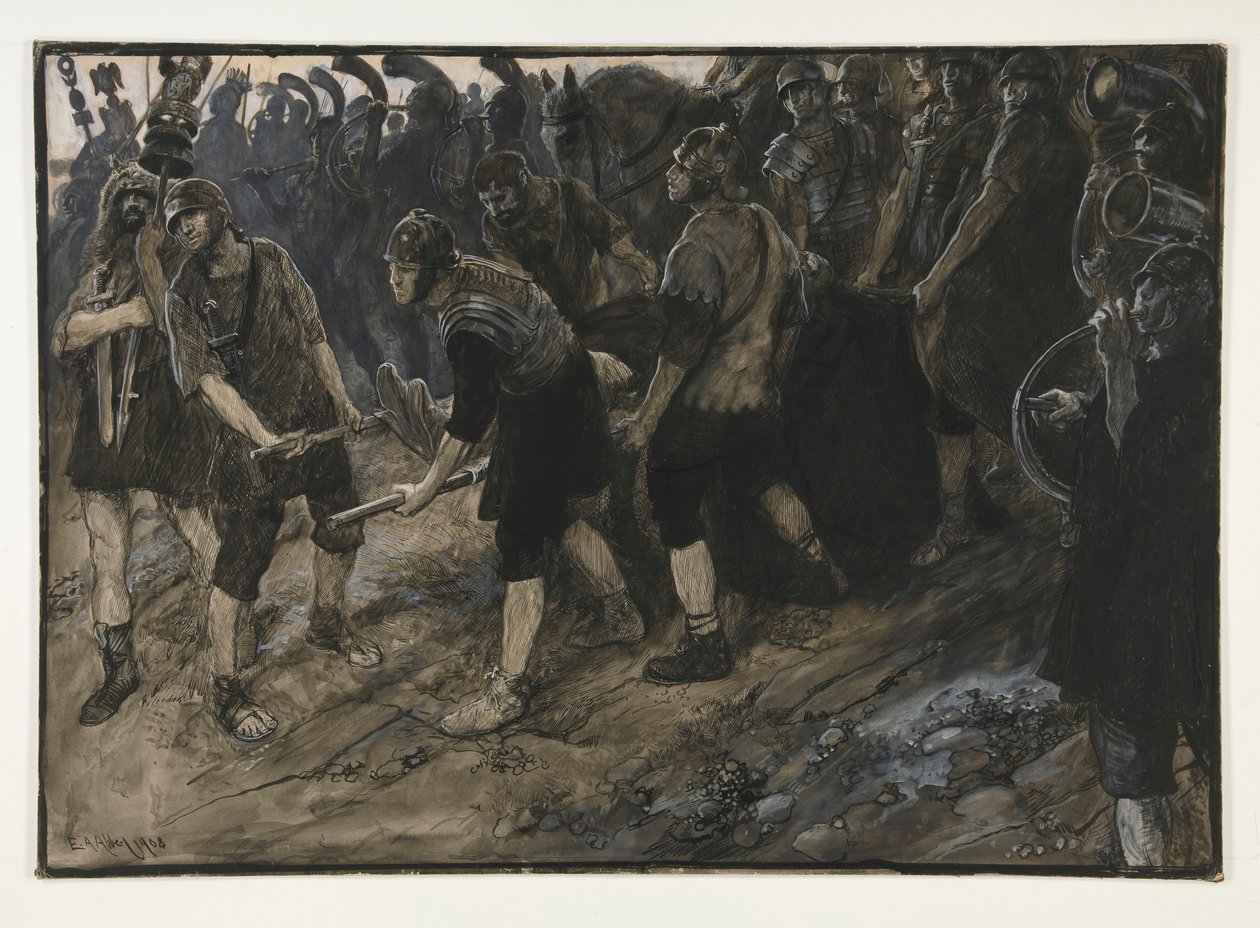 Wentydiusz triumfalnie wkracza, niosąc przed sobą martwe ciało Pakorusa, akt III, scena I, Antoniusz i Kleopatra autorstwa Edwin Austin Abbey