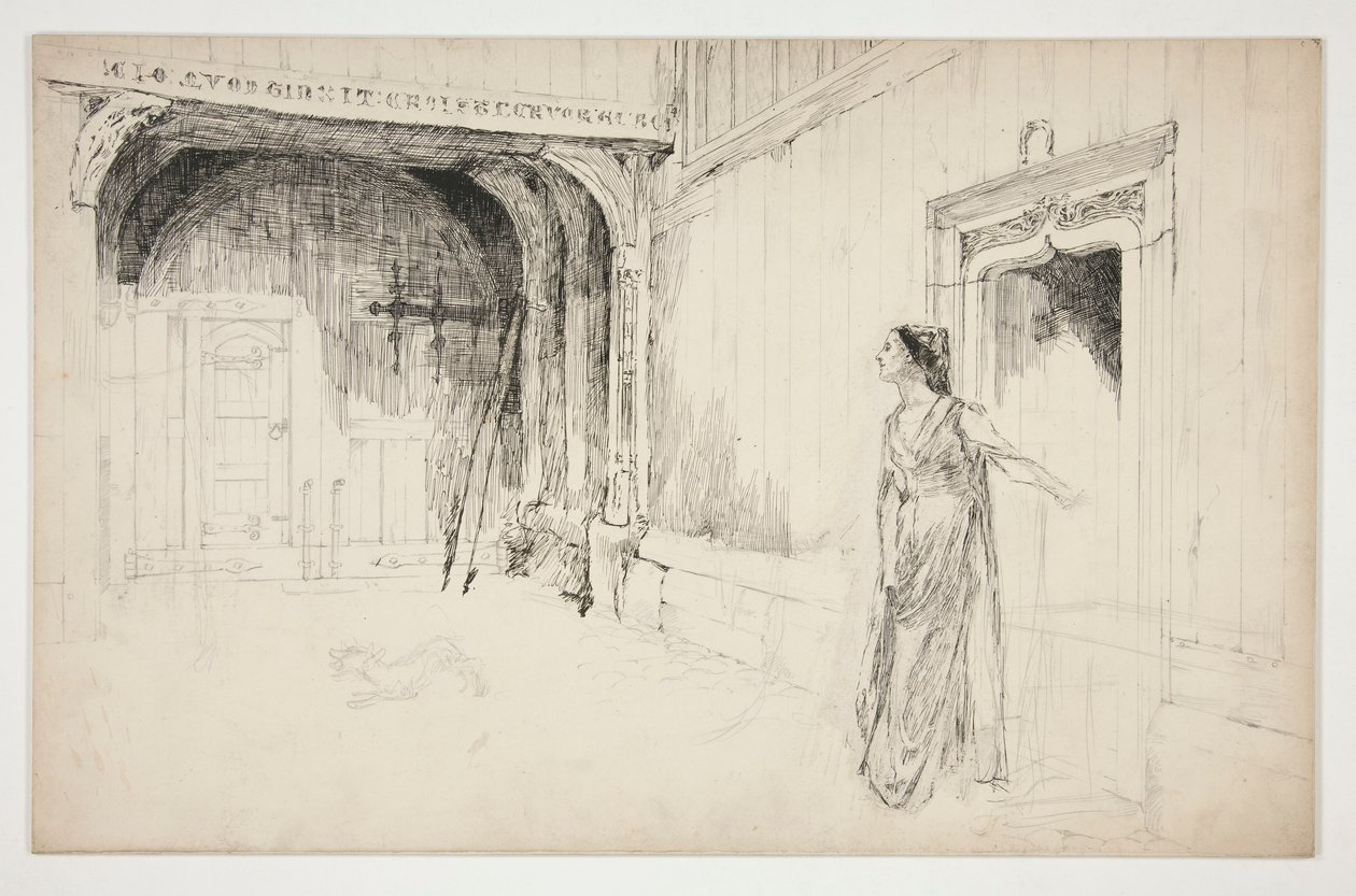 Kobieta i pies we wnętrzu - (niezidentyfikowana ilustracja do sztuki?) autorstwa Edwin Austin Abbey