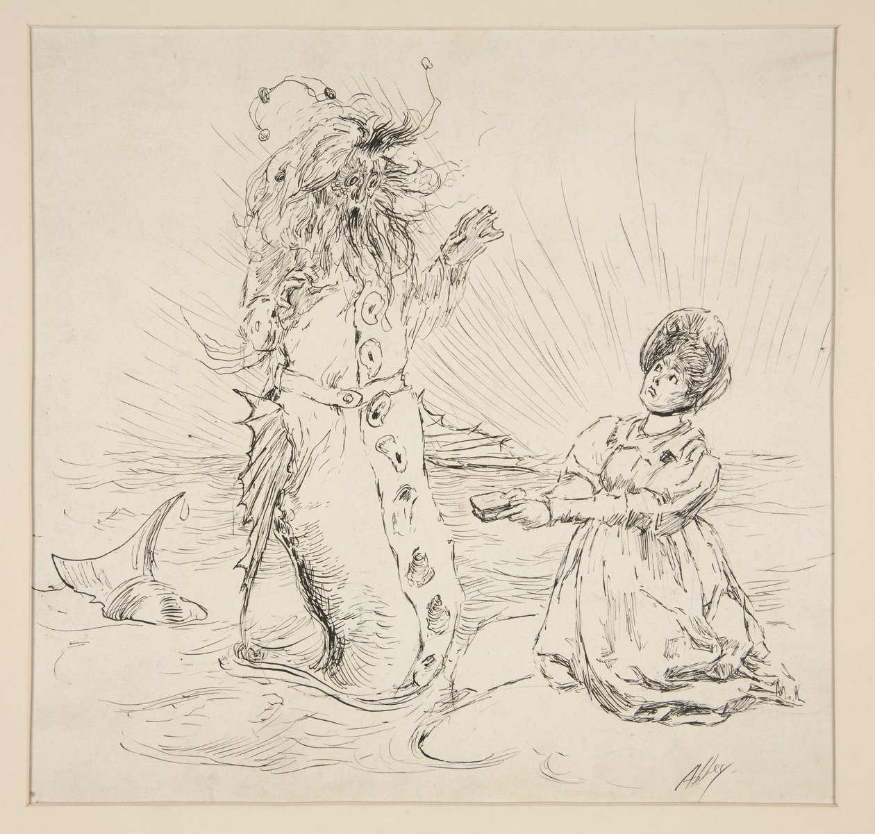 Kobieta i wąż na plaży, szkic do The Lay of the Lobster autorstwa Edwin Austin Abbey