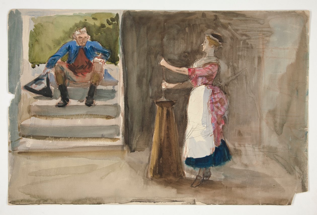 Kobieta ubijająca masło, mężczyzna w rewolucyjnej sukience oglądający - (niezidentyfikowana ilustracja) autorstwa Edwin Austin Abbey