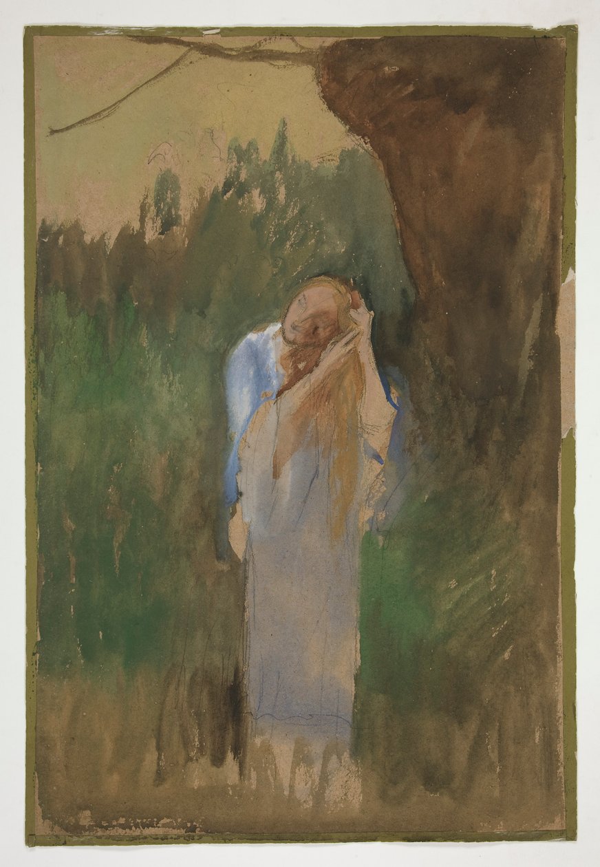 Kobieta w krajobrazie, czesząca swoje długie blond włosy - (niezidentyfikowana ilustracja) autorstwa Edwin Austin Abbey