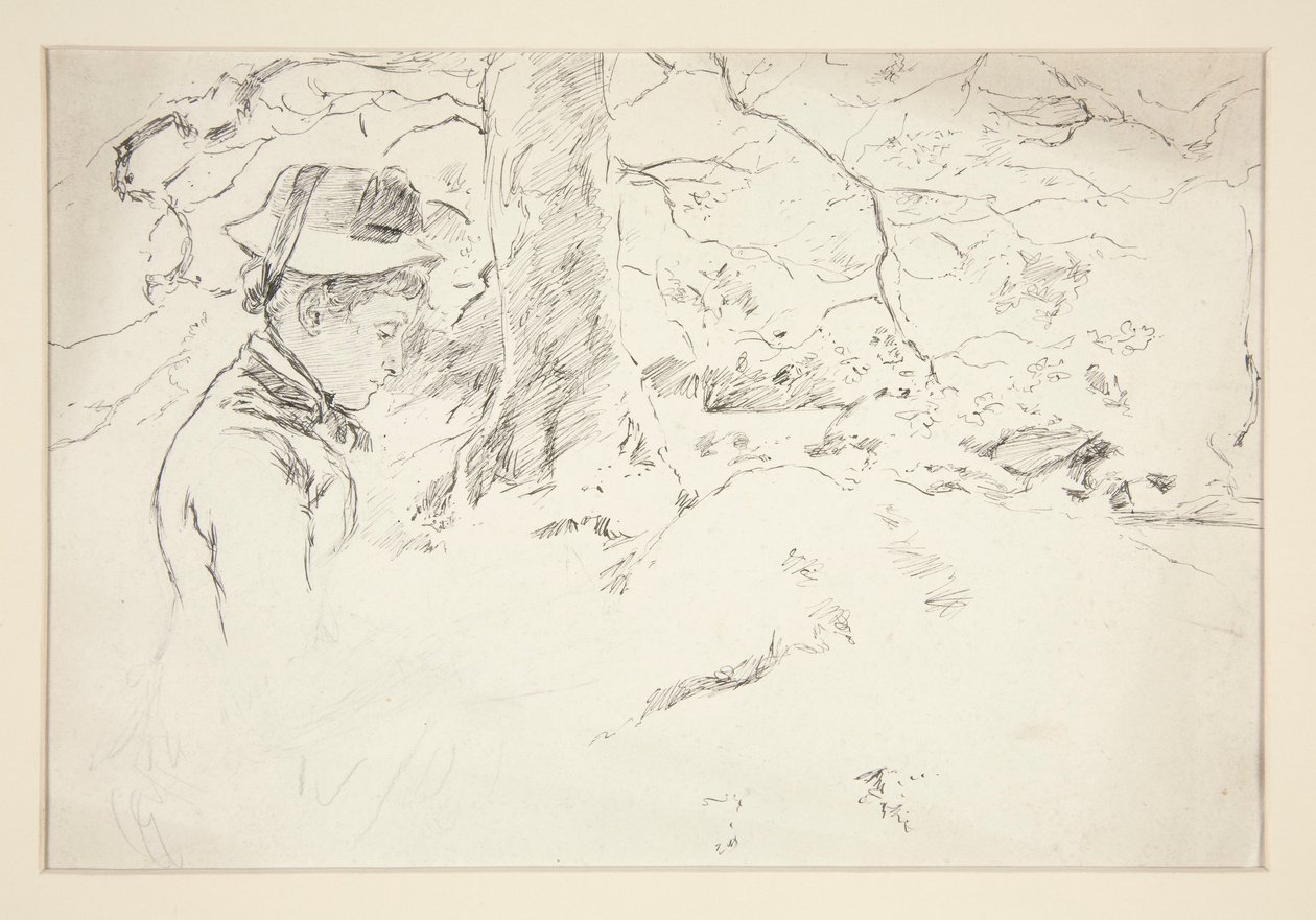 Kobieta siedząca w ogrodzie - niezidentyfikowana ilustracja autorstwa Edwin Austin Abbey