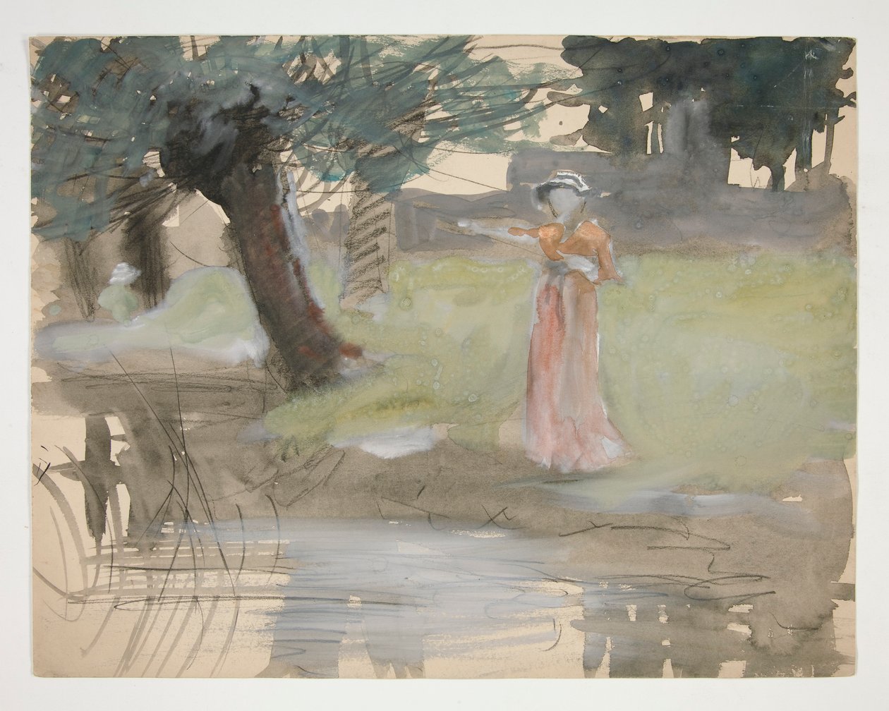 Kobieta stojąca nad brzegiem rzeki - niezidentyfikowana ilustracja autorstwa Edwin Austin Abbey