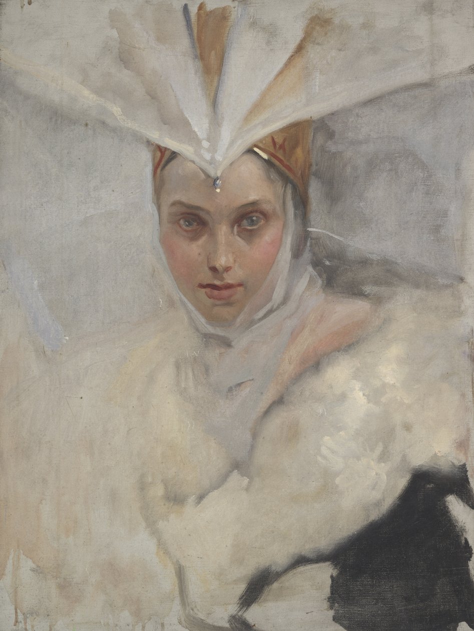 Kobieta w nakryciu głowy rybołowa i białym futrzanym kołnierzu, 1897 autorstwa Edwin Austin Abbey