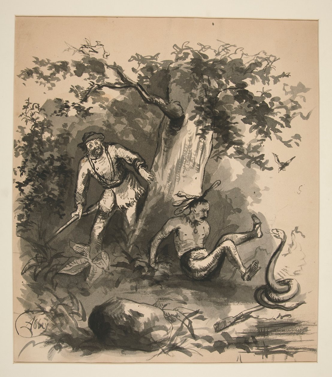 Leśna scena przedstawiająca myśliwego, Indianina i węża - niezidentyfikowana ilustracja autorstwa Edwin Austin Abbey
