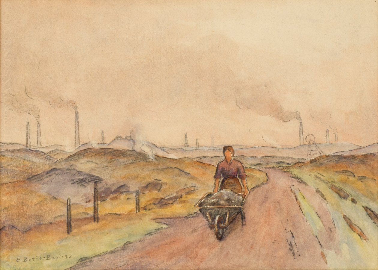 Scena przemysłowa, Człowiek z taczką (akwarela z węglem na papierze) autorstwa Edwin Butler Bayliss