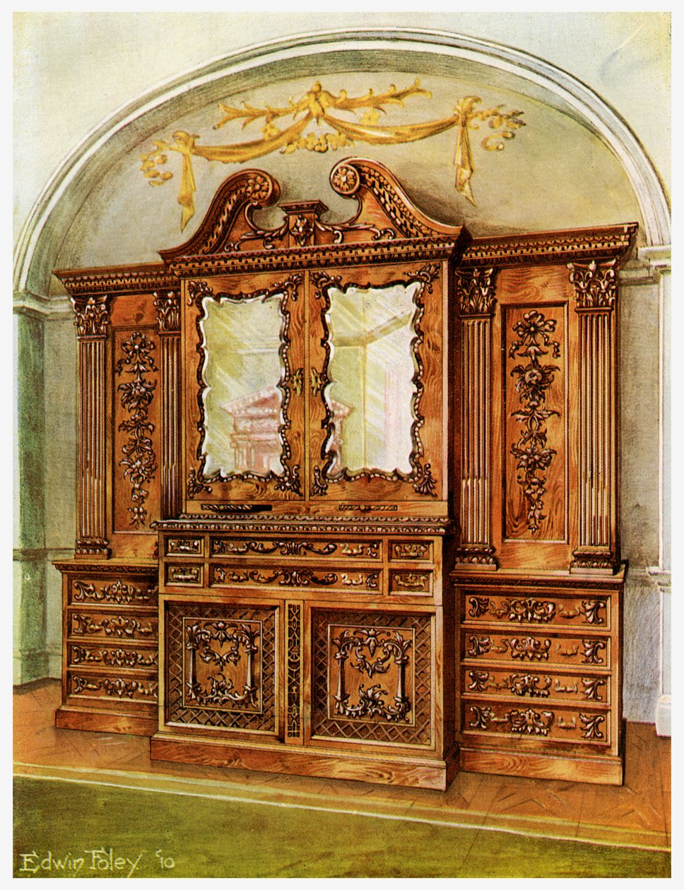 Rzeźbiony, zamknięty regał z mahoniu, styl Chippendale, wpływy francuskie, 1911-1912. autorstwa Edwin Foley
