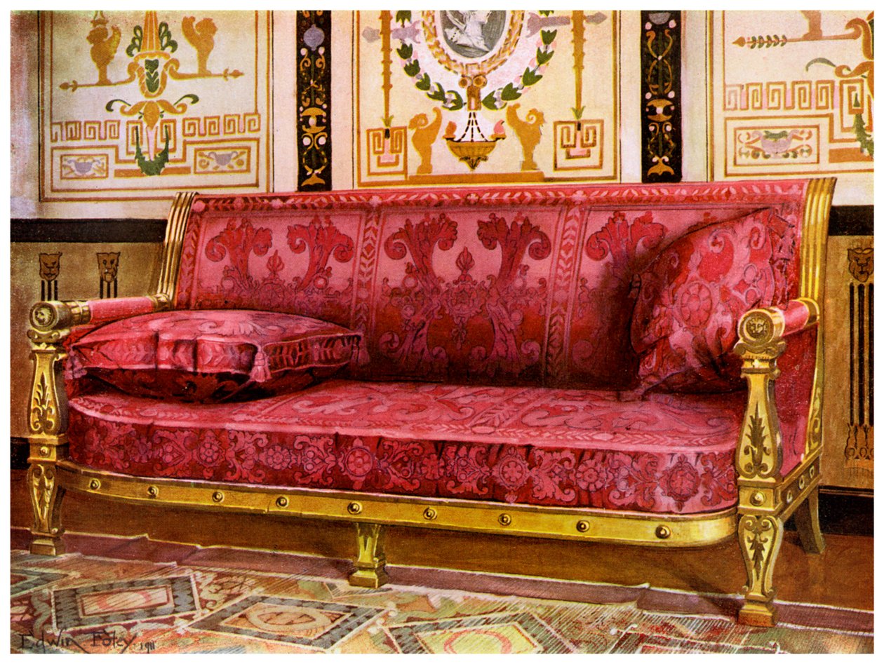 Rzeźbiona, złocona kanapa pokryta różem Brocade de Lyon, 1911-1912. autorstwa Edwin Foley