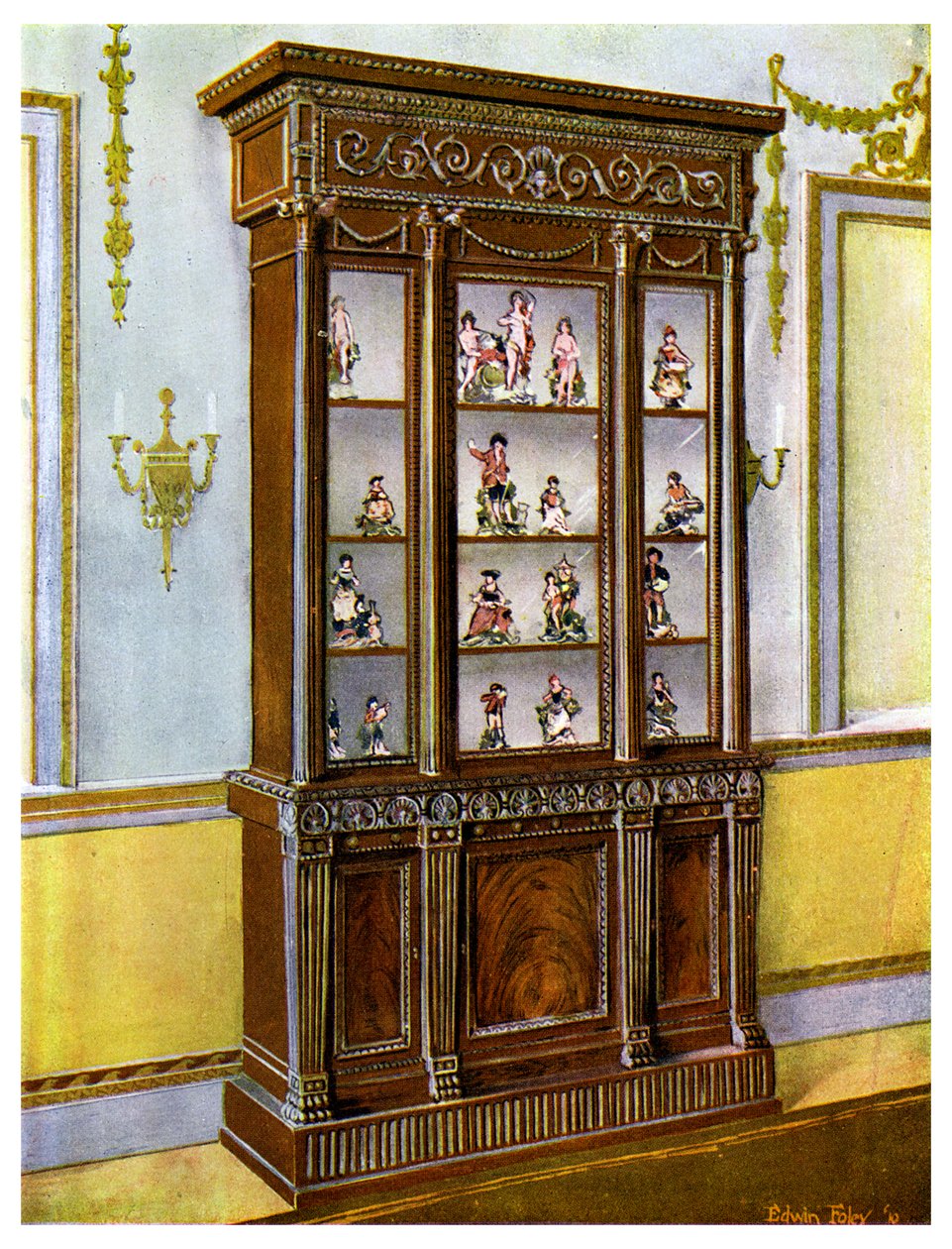 Rzeźbiona mahoniowa obudowa porcelany pod wpływem braci Adam, 1911-1912. autorstwa Edwin Foley