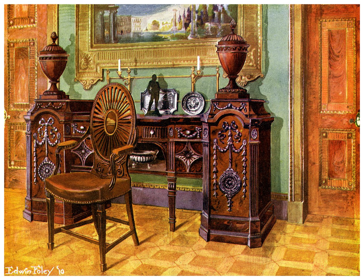 Kredens z rzeźbionego mahoniu z cokołem i owalne krzesło mistrza, 1911-1912. autorstwa Edwin Foley