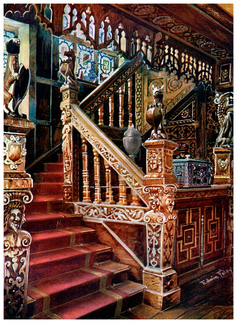 Rzeźbione dębowe schody, Godinton, 1910. autorstwa Edwin Foley